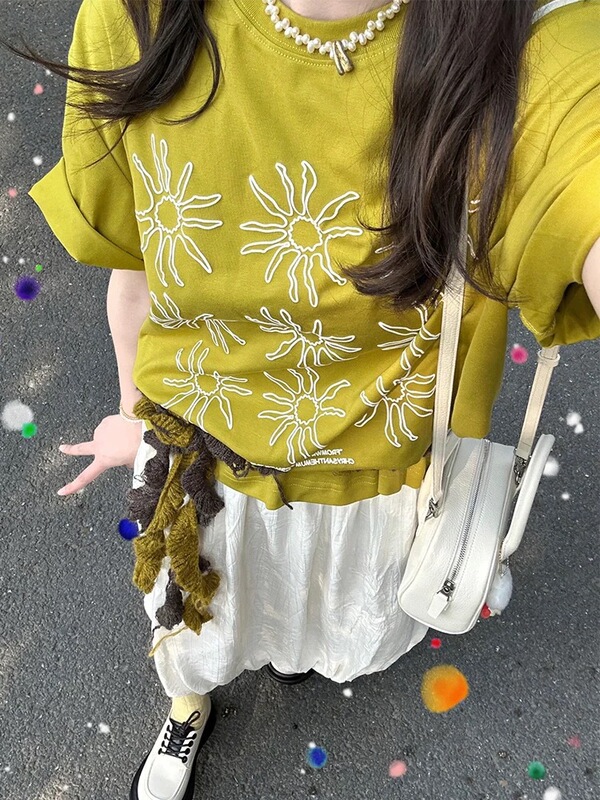 アメリカンレトロひまわりプリントニッチ半袖Tシャツレディース2025年夏新作ゆったりスリム万能トップスイン|undefined