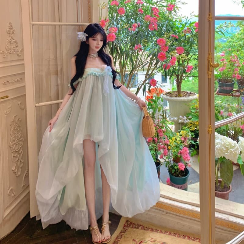 One Skirt, Multiple Ways to Wear It: Pearlescent Fresh Blue Embroidered Air-Light Flower Bud Skirt, Dress, Tube Top Dress for Women