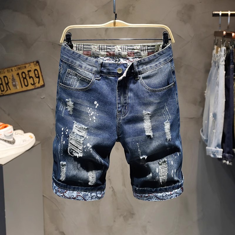 Men's Distressed Denim Shorts With Patch Details, Retro Ripped 5-Pocket Design, Slim Fit Stretchable Cargo Mid-Thigh Shorts For Summer_mkmklike.com