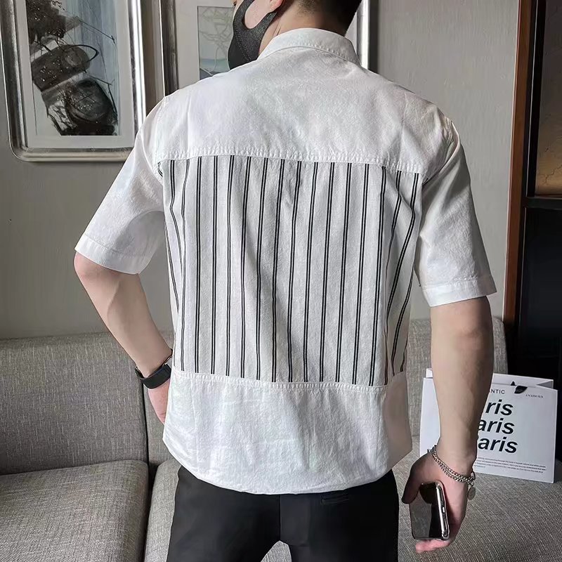 2024 costura a rayas personalidad estilo británico camisa POLO de manga corta camiseta de hombre otoño camiseta de hombre americano joven