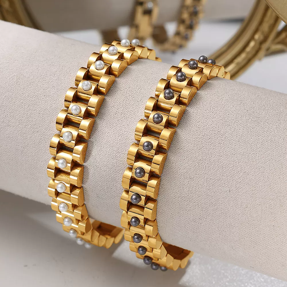 欧美高级感小众钛钢手链镀18k金跨境表带式带珠不锈钢手链男女款