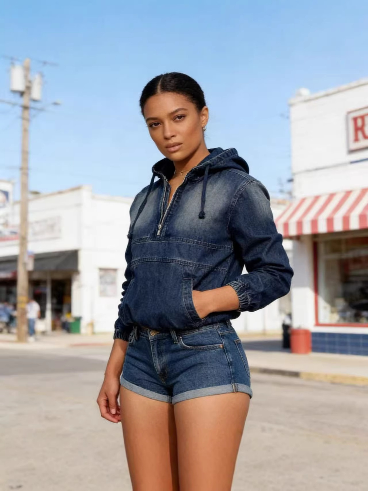 Denim sports jacket for leisure with hood for gym