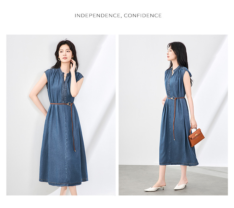 Váy liền denim Tiansi dáng maxi thắt eo phong cách Pháp mùa hè — Màu xanh lam chi tiết 7