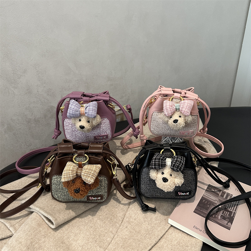 Mochila de cuerda extranjera de dibujos animados lindos perros de peluche, bolsas de hombro para niños, otoño y invierno, nuevas bolsas para niños