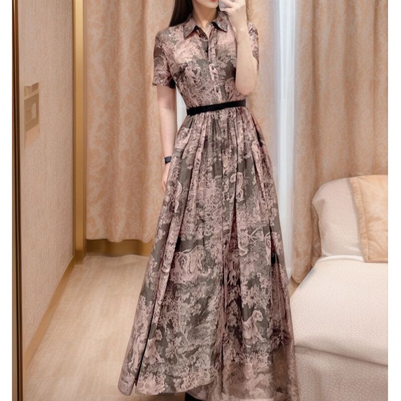 Spring and Summer elegant ink Tiger printed short sleeve high waist lapel shirt dress high-grade slimming dress Spring and Summer elegant ink Tiger printed short sleeve high waist lapel shirt dress high-grade slimming dress