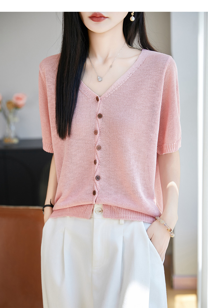 Áo thun nữ cổ V tay ngắn dệt kim phong cách Hàn Quốc, thiết kế đơn giản che khuyết điểm — Cam caramel chi tiết 12