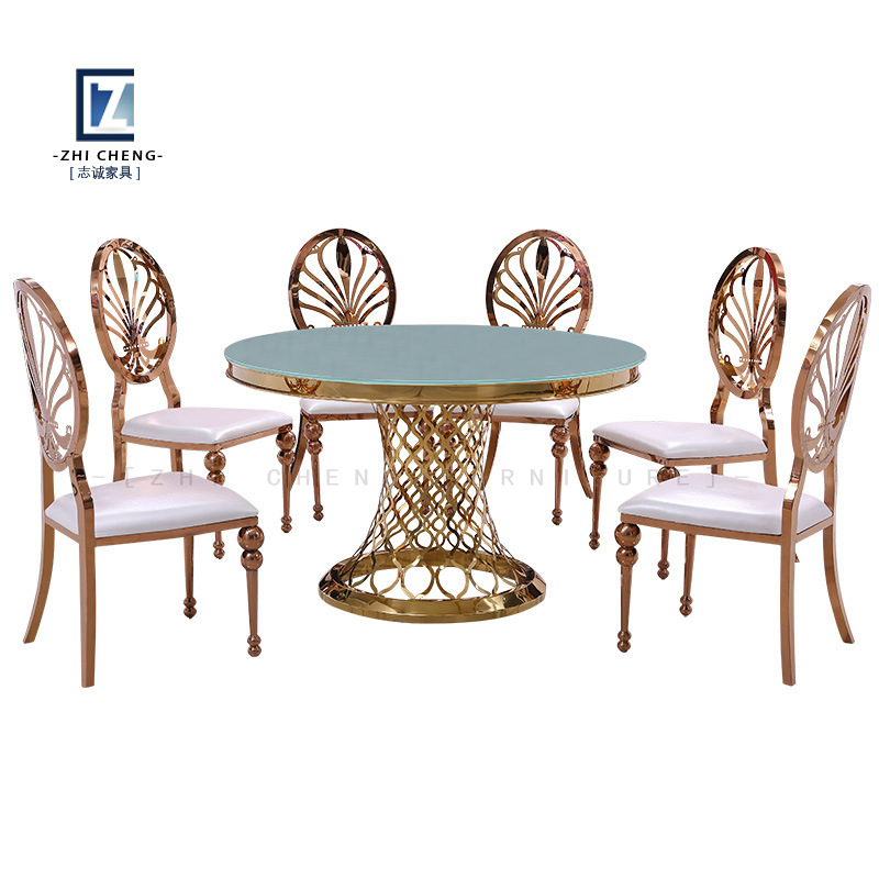 Mesa de boda para exteriores con tablero ovalado de vidrio dorado y acero inoxidable, mesa de comedor combinada para alquiler de banquetes integrada