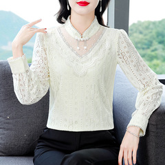 Fleece lace base shirt for women long sleeves autumn and winter new style fashionable and versatile and fashionable large-size women's warm top