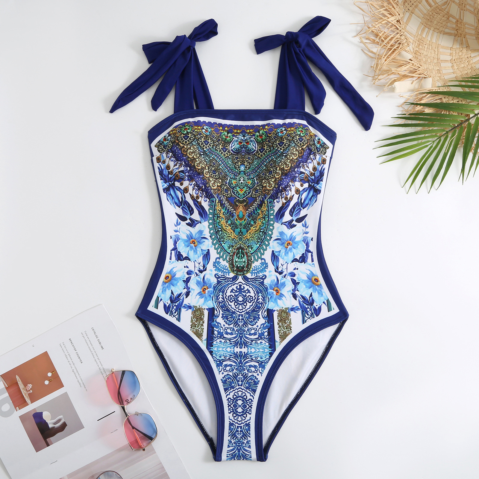 Retro Badeanzug Mit Rock Und Hohem Kragen Damen Blumenmuster_voghion.com