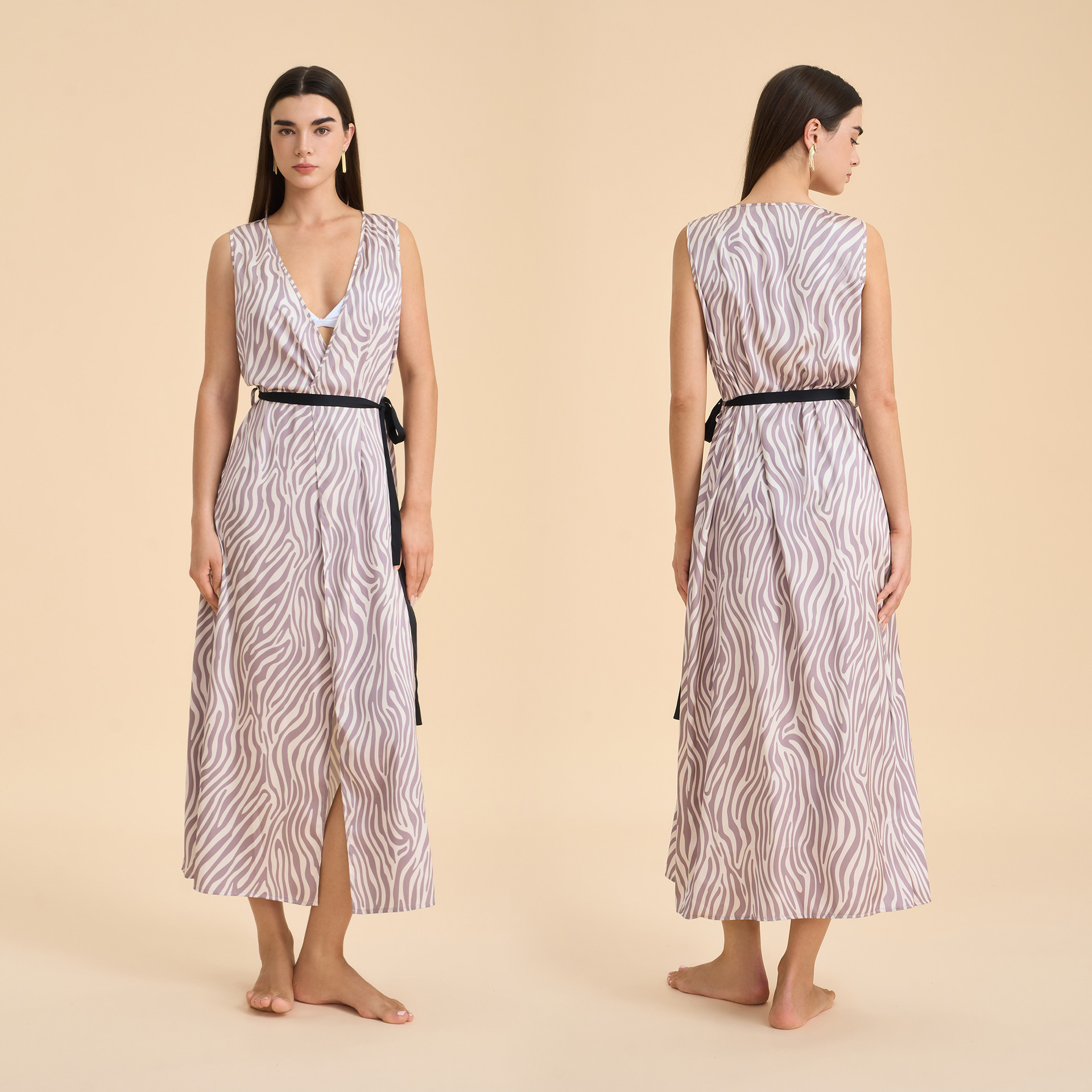 Amazon nuevo satén chiffon hogar cómodo vestido de dormir gris zebra impresión V-collar vestido largo SQ3954