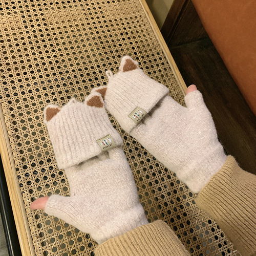 Winter gloves for women, autumn and winter cute fleece-lined warm and cold-proof half-finger flip-top gloves for students—men's writing gloves with plush lining.