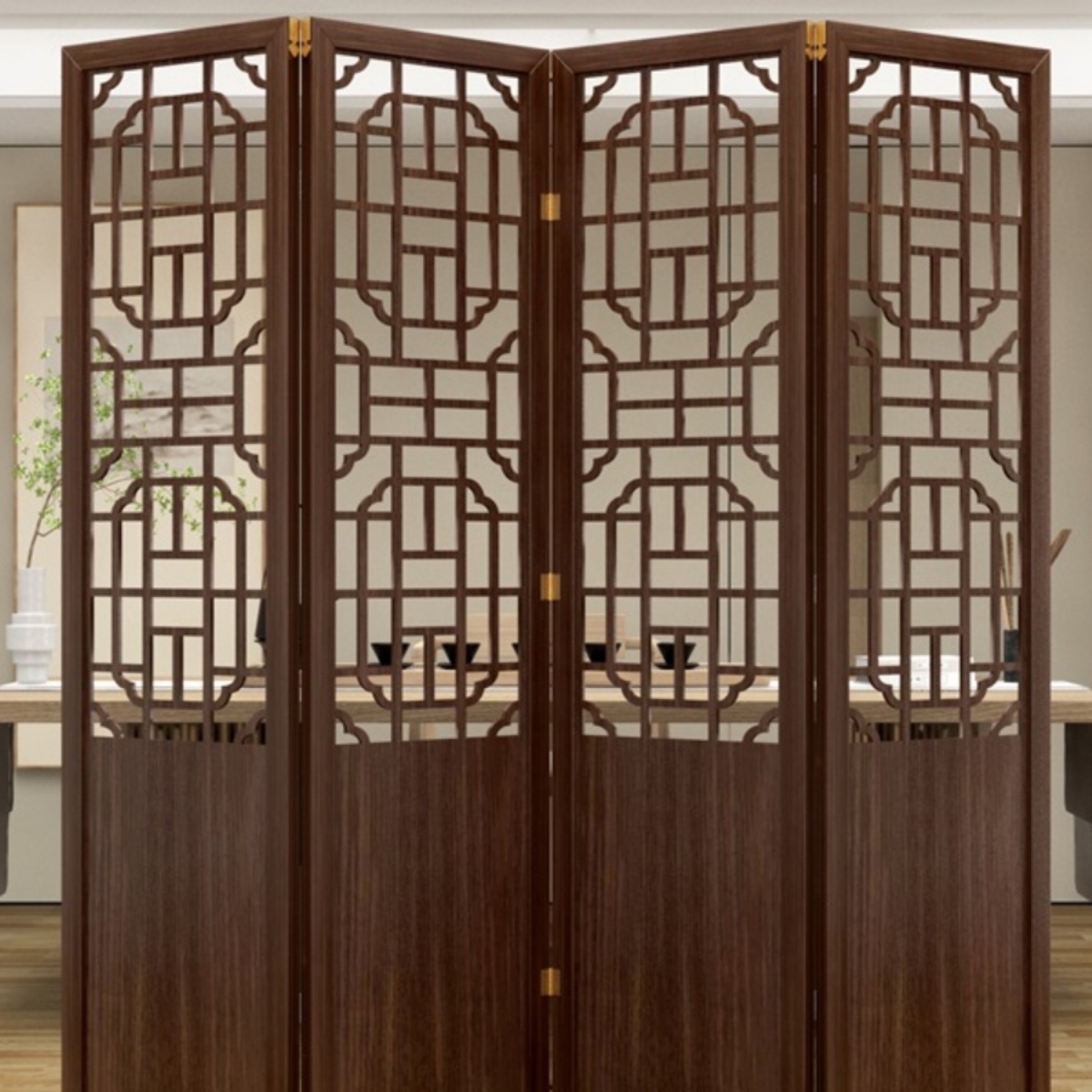 New Chinese-Style Screen Partition for Living Room, Foldable and Movable Solid Wood Chinese-Style Entryway Bedroom Hollow Barrier Divider Vω