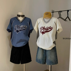 【WGWE】6144 韓国トレンド パッチワークレター 冷感微防水速乾機能半袖Tシャツ セレブ風