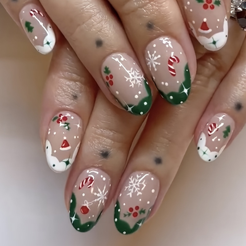 Short Christmas short round nail beauty piece Christmas gift snowflake sweet cool wear nail contrast color  nails 24 pieces_voghion.com
