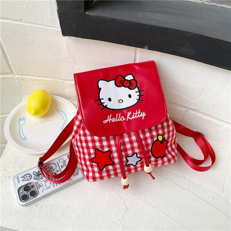 Korean Version Ins Red Plaid Cartoon Hello Kitty Backpack Female Niche Design Cute Apple Star Versatile