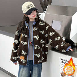 女童夹棉外套冬季2025新款中大儿童装洋气加厚保暖提花毛毛衣风衣