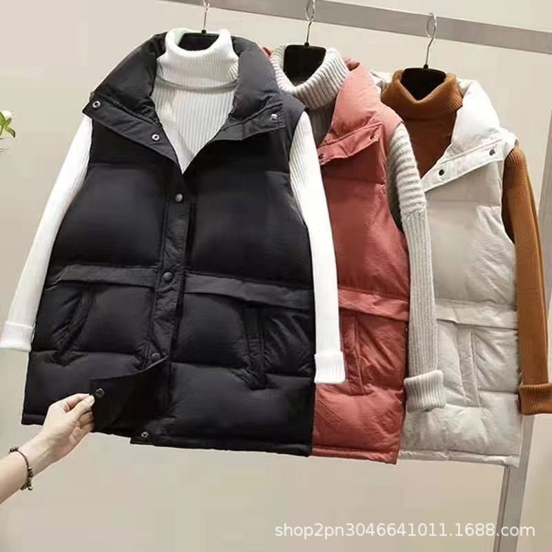 Down Cotton Vest for Female Students Korean Style Loose New Sleeveless Vest Lapel Short Bread Jacket