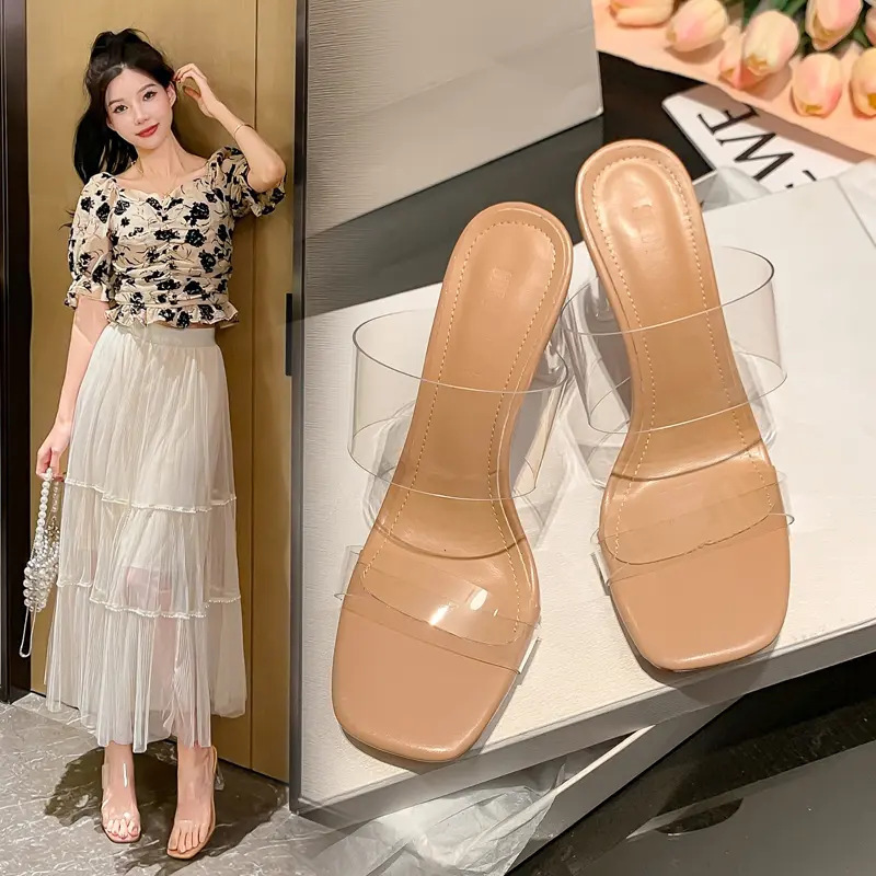 透明ハイヒールクリスタルシューズ気質サンダル夏の妖精スタイル太いヒール女性|undefined