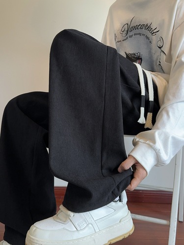 Men's Corduroy Pants for Autumn/Winter with Fleece Lining and Thickening, Trendy Brand American Heavyweight Casual Long Pants, Loose Straight-Tube Wide Leg Pants