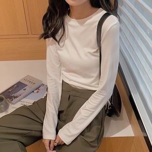 300g Xinjiang Pure Cotton Simple White Bottoming Shirt for Women with 2024 Spring & Fall Round Neck Long-Sleeved T-Shirt Women's Top Ins