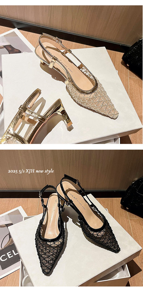 Dép sandal nữ bít mũi lưới thoáng khí mũi nhọn quai ngang gót thô 3–6 cm — Màu vàng, Màu đen chi tiết 11
