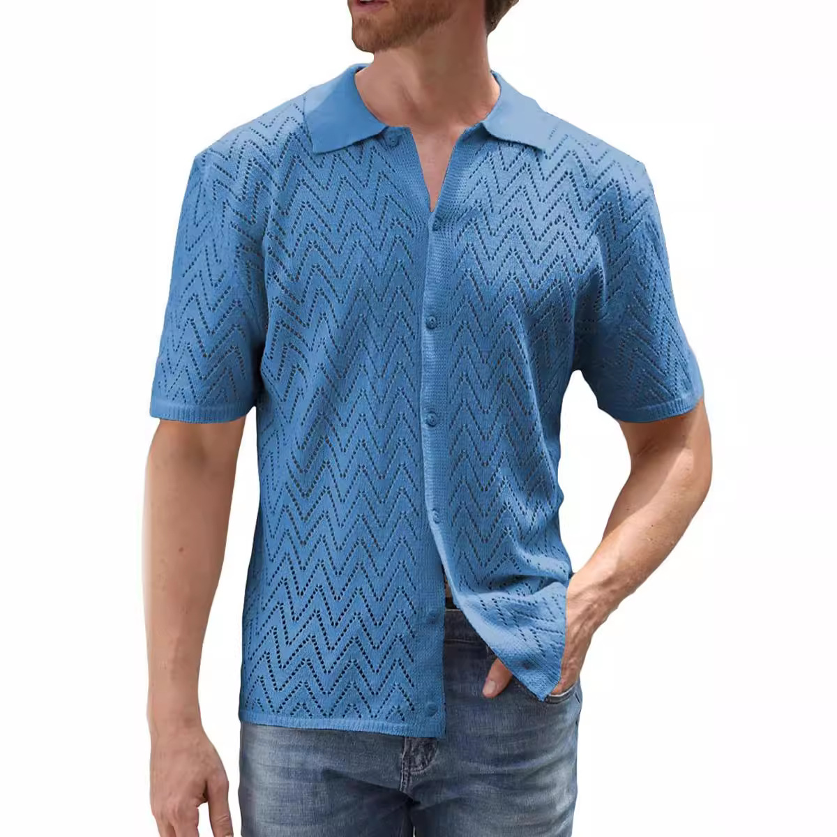 Summer New European And American Casual Knitted Short-sleeve Shirt, Cardigan, Solid Color Hollow Top Men's Clothing_voghion.com