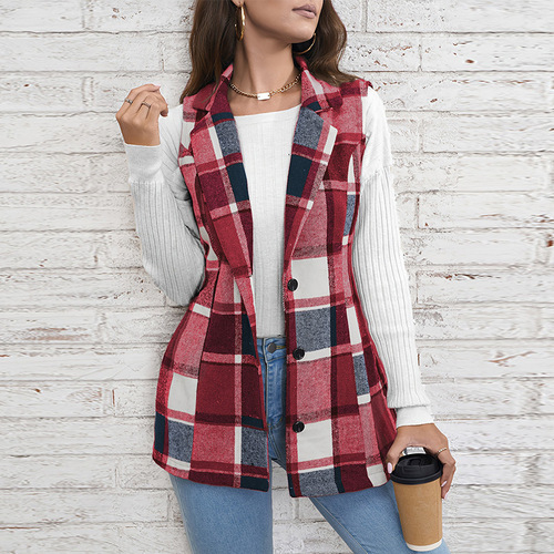 Cross-border foreign trade women's jacket European and American plaid vest 2025 spring elegant style versatile sleeveless single-breasted cardigan