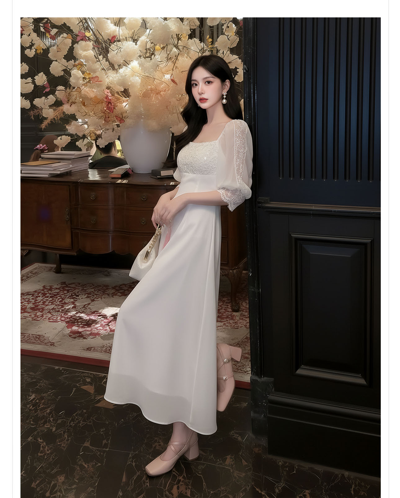 Đầm maxi nữ thắt eo tay dài ren cao cấp phong cách Pháp — màu trắng chi tiết 10