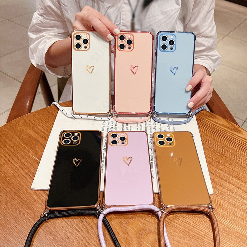 Funda para teléfono con cordón en forma de corazón galvanizado, adecuada para iPhone 17, funda protectora cruzada anticaídas para Apple 16PRO, 15, XSMAX image 3