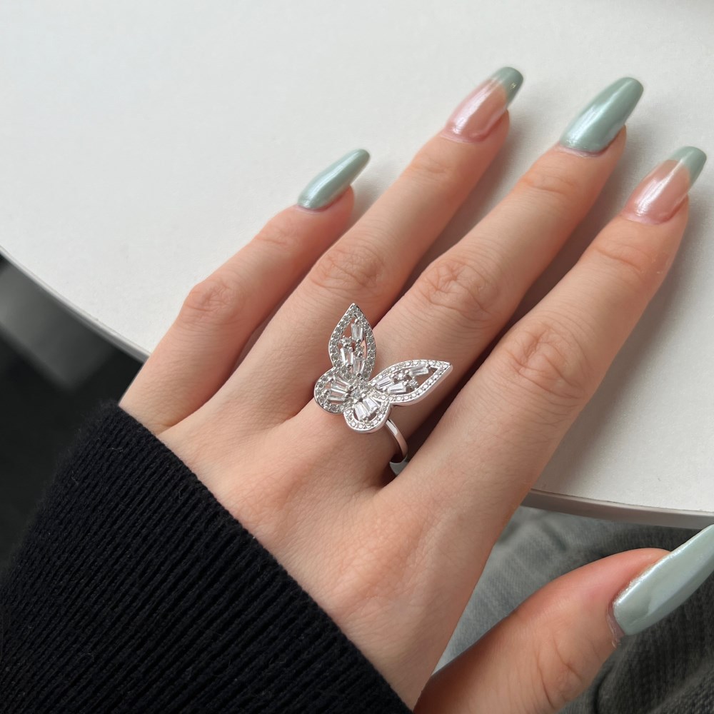 5g Weight Zircon Inlay Material Open Rings, Rings Classification 6, 9, Adjustable Ring Size 1 Piece Quantity Daily, Tea Party Occasion 925 Sterling Silver Material Butterfly Pattern Women's Gender Inlay Design Sweet, Shiny Style 925 Sterling Silver Zircon Butterfly Open Rings Rings 28