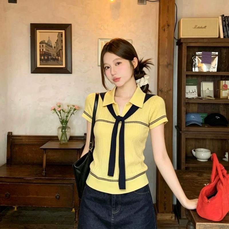 College Style Contrasting Color Polo Collar Elegant Short-Sleeved T-Shirt for Women 2026 Summer New Slim Fit Versatile Casual Top