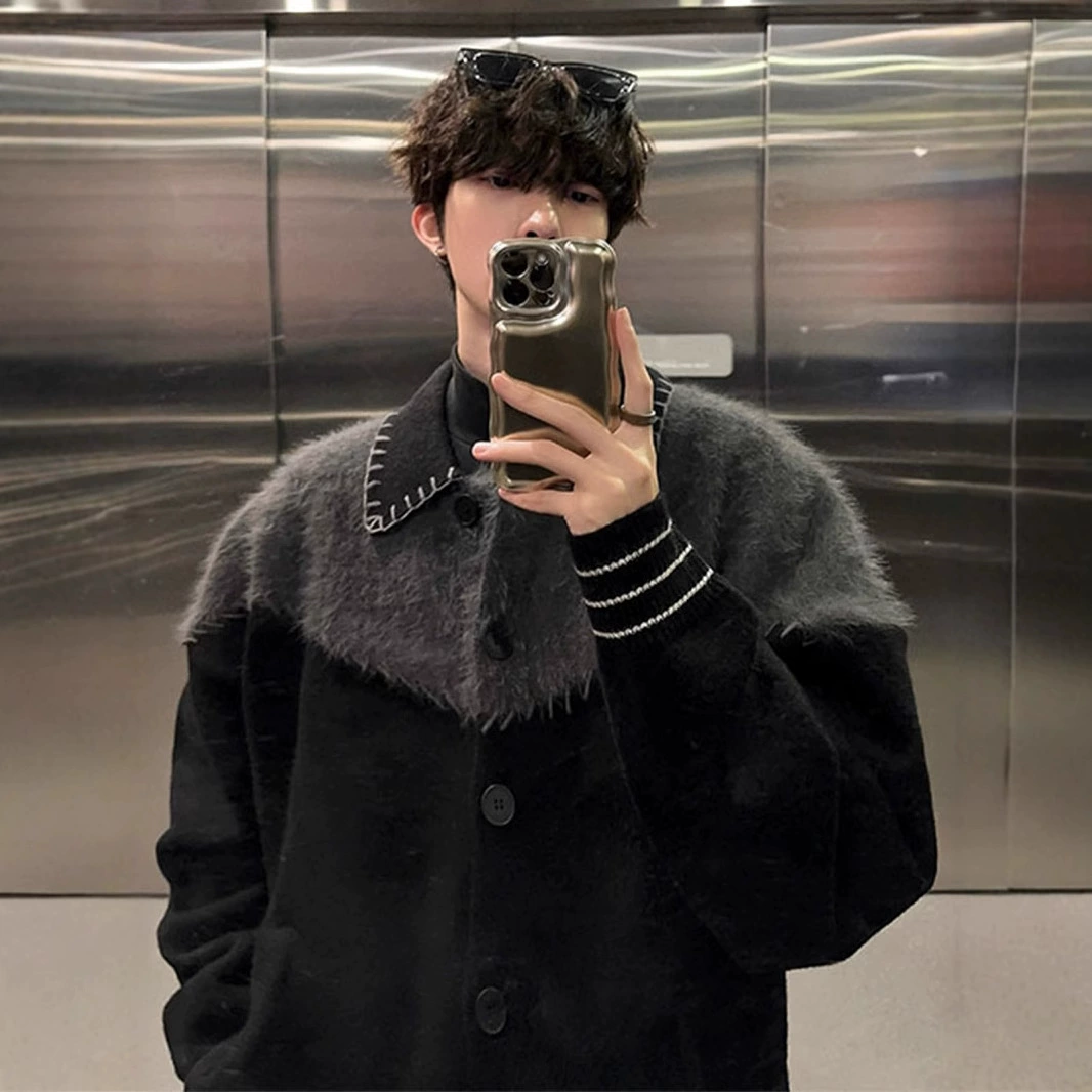 Американский ретро сшитый цвет вязаный кардиган куртка мужской осенний и зимний тренд дикий повседневный свободный свитер с отворотом