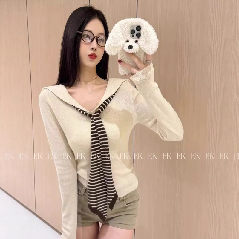 Korean-Style Navy Collar Faux Two-Piece Striped Shawl Long-Sleeve Knit Sweater T-Shirt for Women Early Autumn Niche Age-Reducing Versatile Top