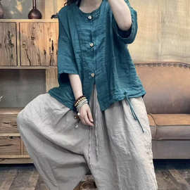 亚麻衬衫上衣宽松中国风衬衣新中式外搭禅服茶服休闲上衣