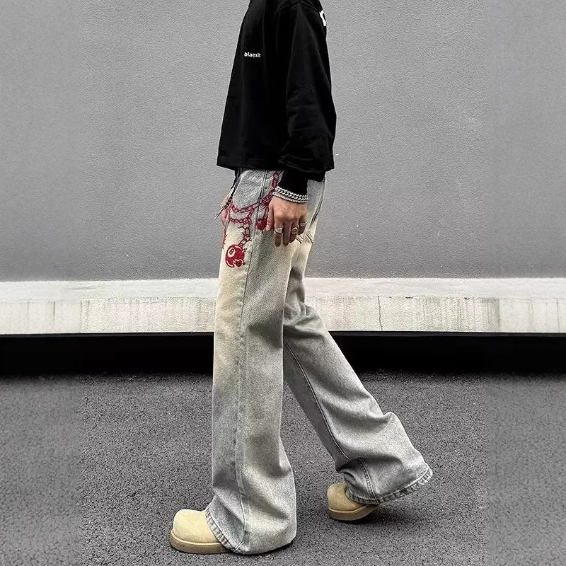 Men's Distressed Washed Yellow Mud Jeans – High-Street Straight Leg Bootcut Denim With Embroidery (S-3XL)_voghion.com