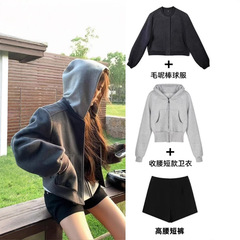 灰色短款棒球服外套女休闲运动套装秋季2025新款卫衣短裤两件套韩