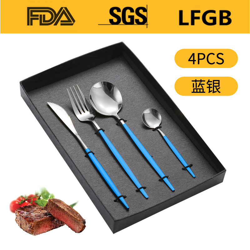 Portugal cuatro piezas principales caja de regalo comida occidental cuchillo, tenedor y cuchara traje Amazon vajilla de acero inoxidable 4/5 piezas traje