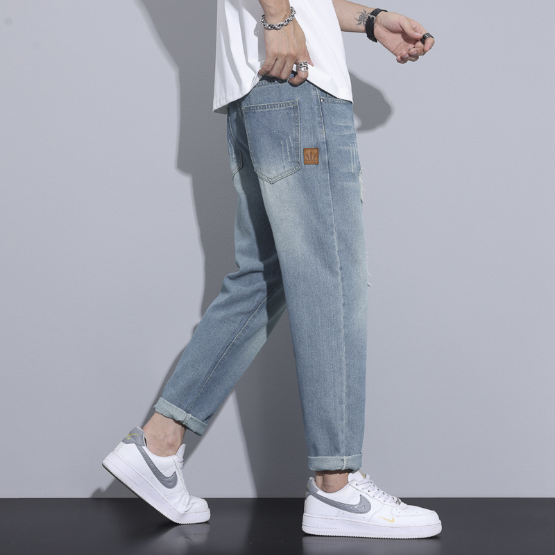 Spring and Summer New Arrival Nine-point Pants Men's Nine-point Pants Denim Explosions Retro Ice Oxygen Bar Trendy Brand Straight Ripped Jeans Men's