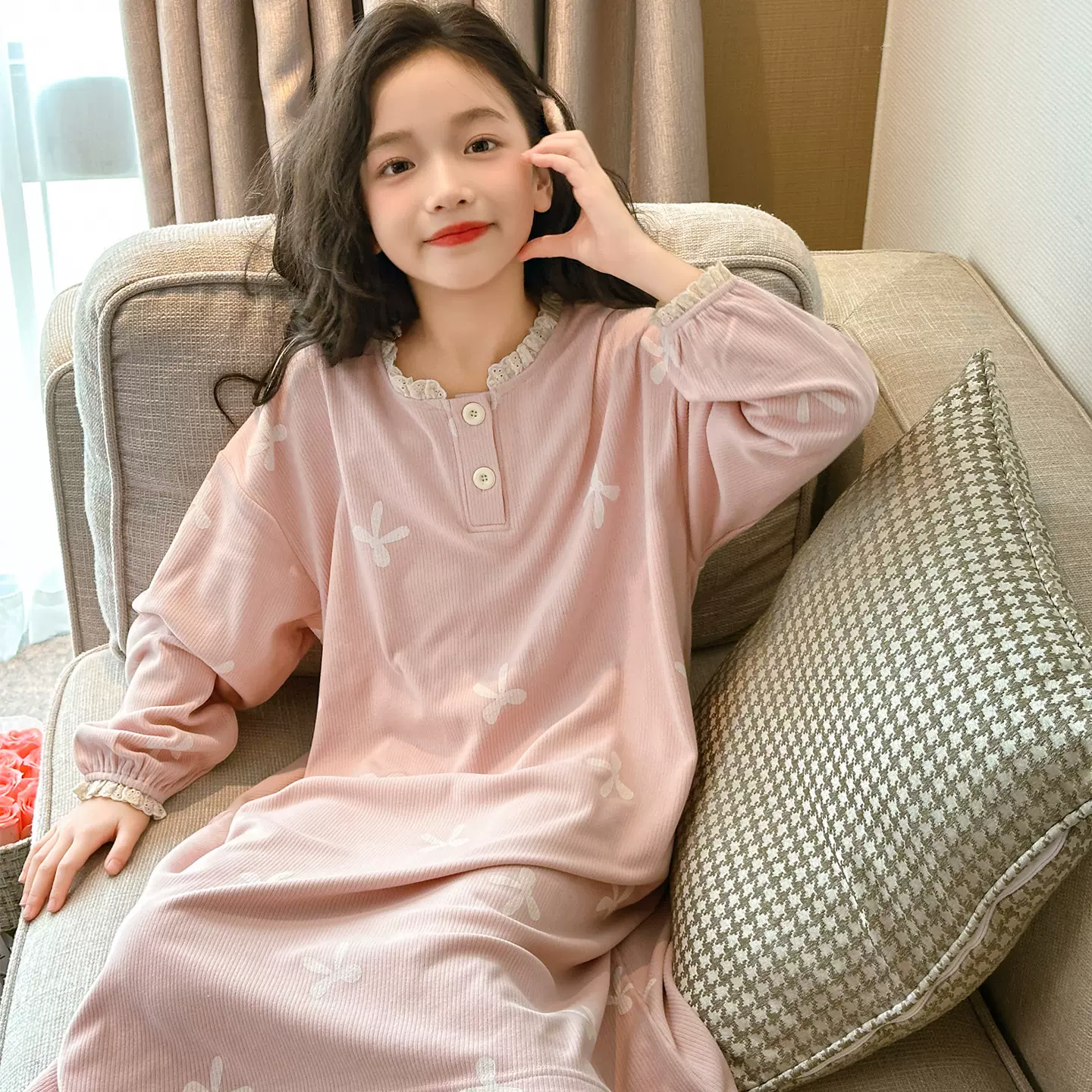 女童睡裙长袖德绒春秋季薄绒中大童女孩可爱公主风儿童睡衣家居服