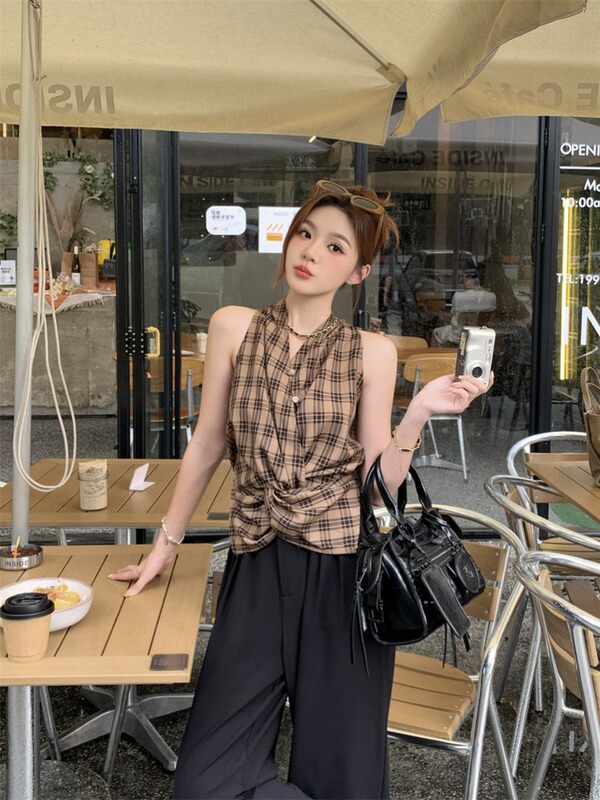 Retro Plaid Halterneck Camisole Women's Summer Sleeveless Shirt Short Design Niche Sexy Outer Top