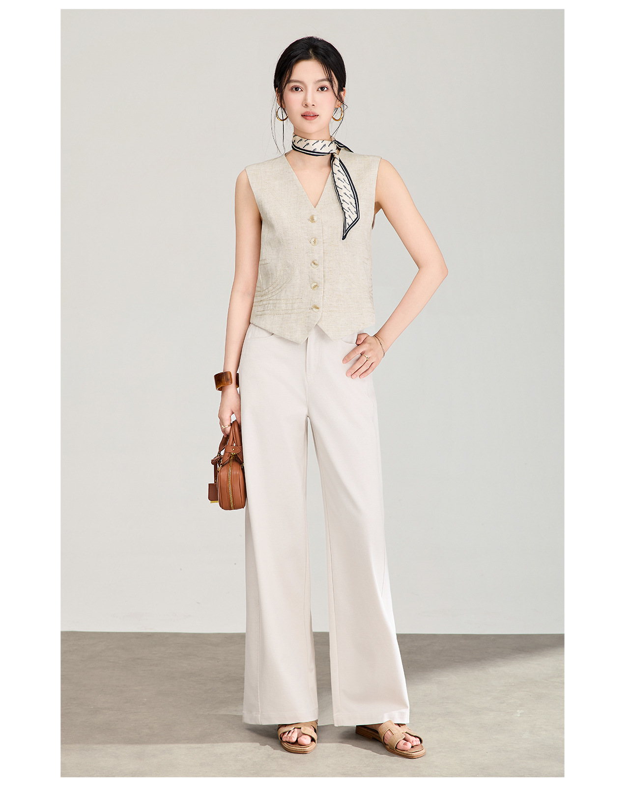 Áo khoác gile không tay cổ chữ V phối lớp phong cách cổ điển chất liệu vải lanh pha sợi Tencel — Màu cà phê chi tiết 7