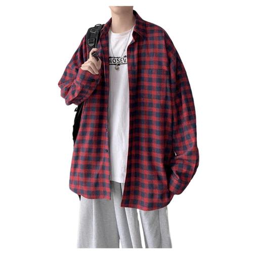 Men's Spring and Summer Long Sleeve Check Shirt, Layering Top, Retro Hong Kong Style, Relaxed and Cool Vibe, Loose Collared Shirt