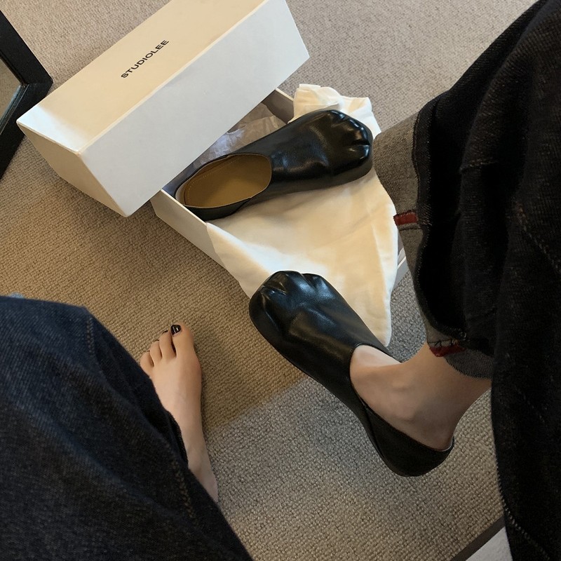 牛皮版~葡萄妈同款小众一脚蹬平底单鞋可踩跟猫爪乐福鞋女小皮鞋|undefined
