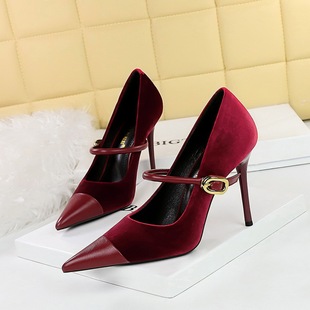 9116-1 Banquet High Heels, Stiletto Heels, Shallow Mouth, Pointed Toes, Xishi Suede Stitching, Pointed Toe Metal Buckles, One-Strap Flats