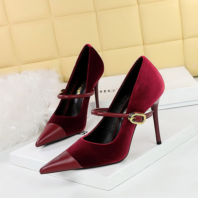 9116-1 Banquet High Heels, Stiletto Heels, Shallow Mouth, Pointed Toes, Xishi Suede Stitching, Pointed Toe Metal Buckles, One-Strap Flats