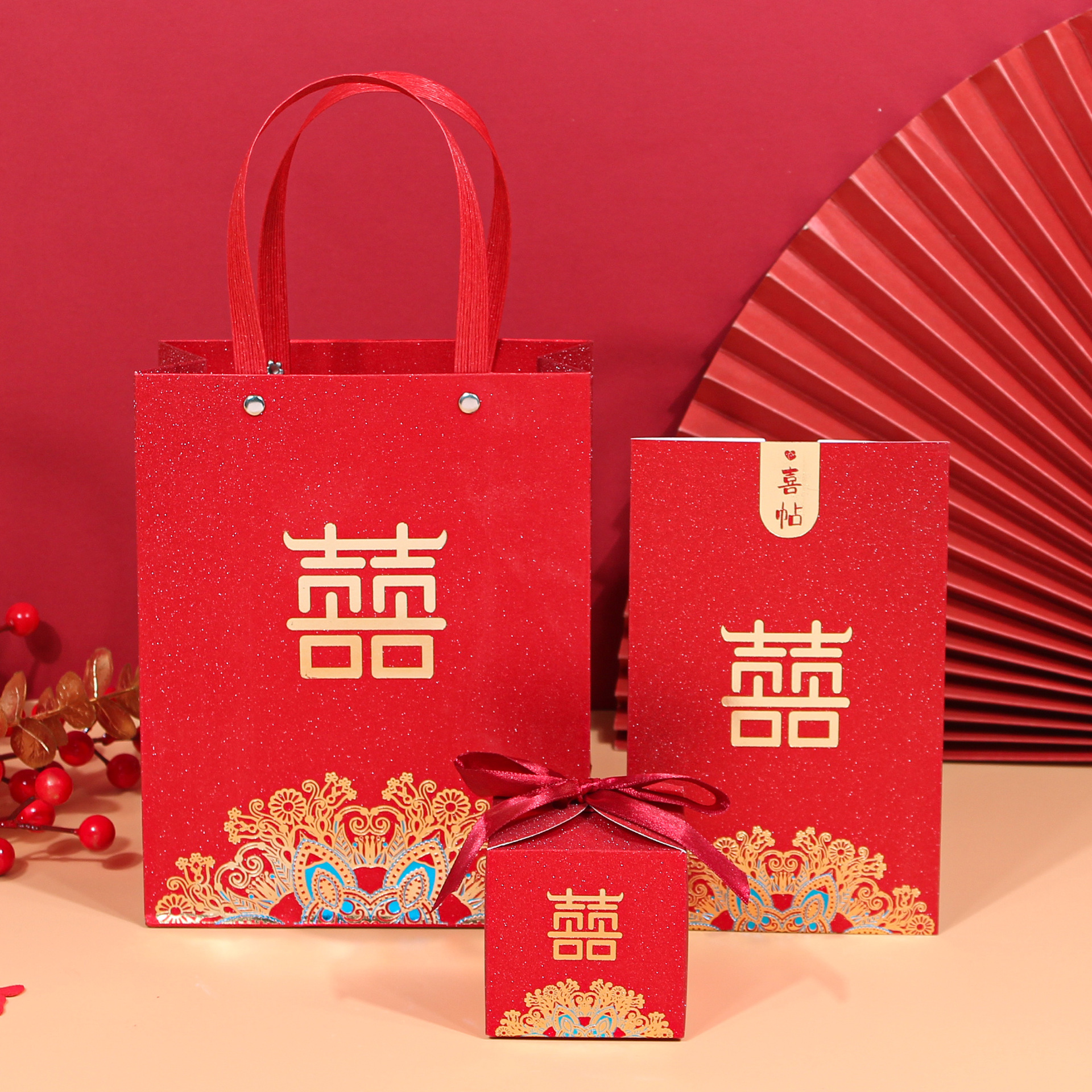 Matte gold and onion paper wedding invitation set of three, modern minimalist wedding candy box, banquet invitation, hand-held paper bag