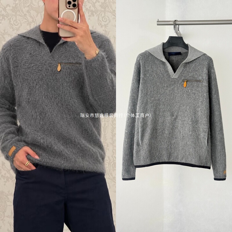 Top-quality 26SS trendy brand new navy collar fleece-like pullover knit sweater for men Top-quality 26SS trendy brand new navy collar fleece-like pullover knit sweater for men
