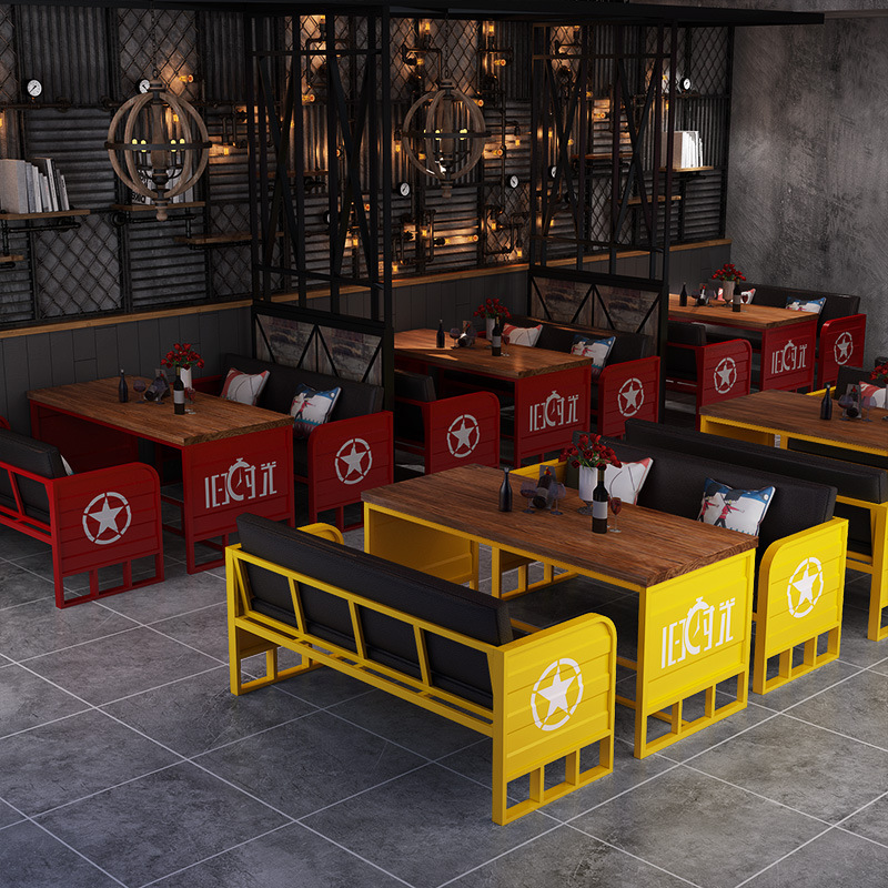 Retro Bar Booth Sofa, Industrial Style Iron Art, Personalized Restaurant, Barbecue Shop, Creative Table and Chair Combination, Dining Table