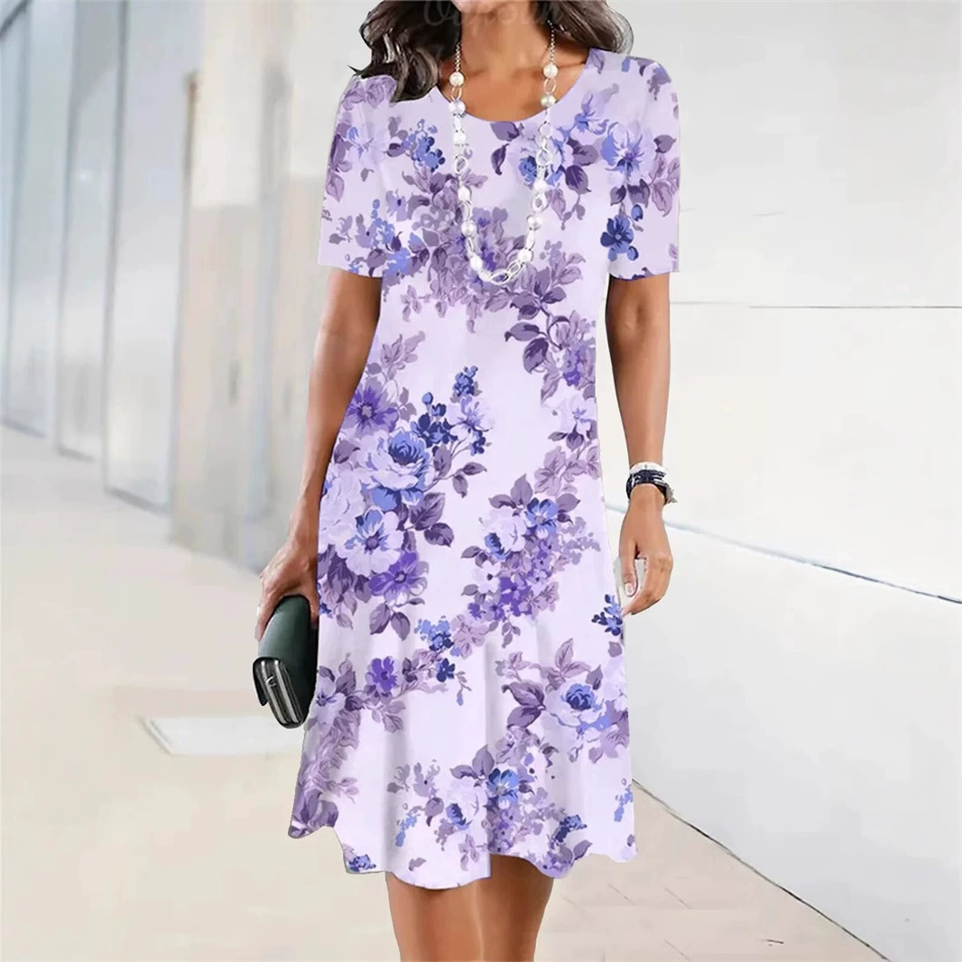 2025 новая независимая станция AliExpress, элегантная элегантная юбка, свободная женская одежда с круглым вырезом и 3D цифровой печатью с цветком сливы