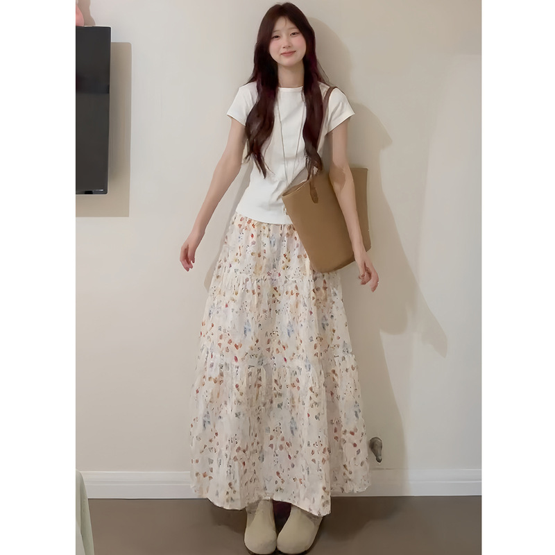 White Printed Skirt for Women, Spring 2026 New Korean Style, Relaxed High-Waisted Loose Versatile Tiered Long Skirt
